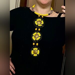 Maasai beaded necklace yellow and black glass beads,hand carved brass,leather